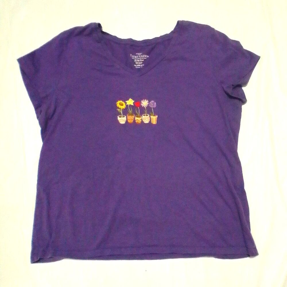 Faded Glory Purple V-Neck T-Shirt XXL 20 Cotton Embroidered Potted Flowers Flora